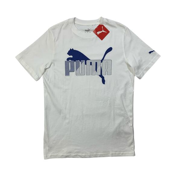 Puma Shirt Mens S Small White Royal Blue Screen Time Tee Crew Neck Graphic - Picture 1 of 12